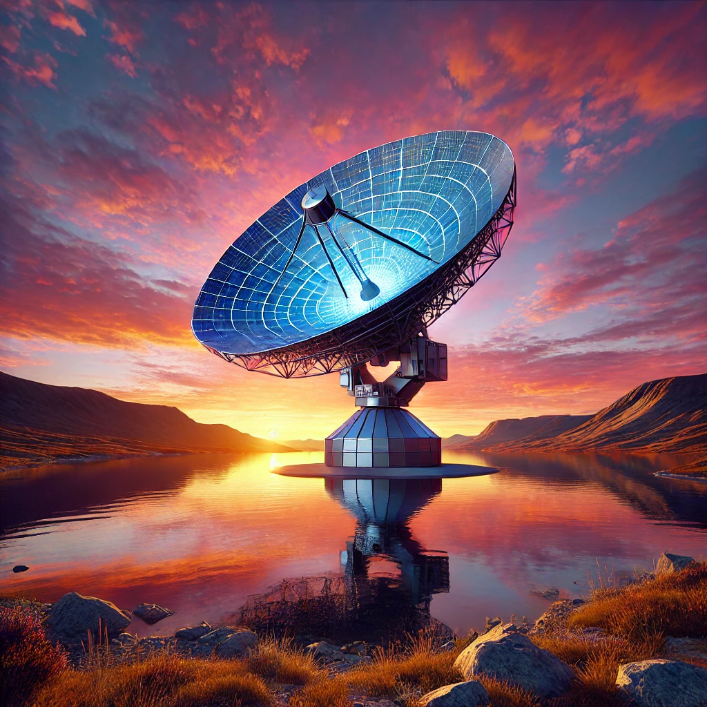 DALL·E 2024 11 28 22 33 38 A realistic image of a radar dish set in a serene natural landscape during sunset designed with a basic non glowing structure similar to traditional