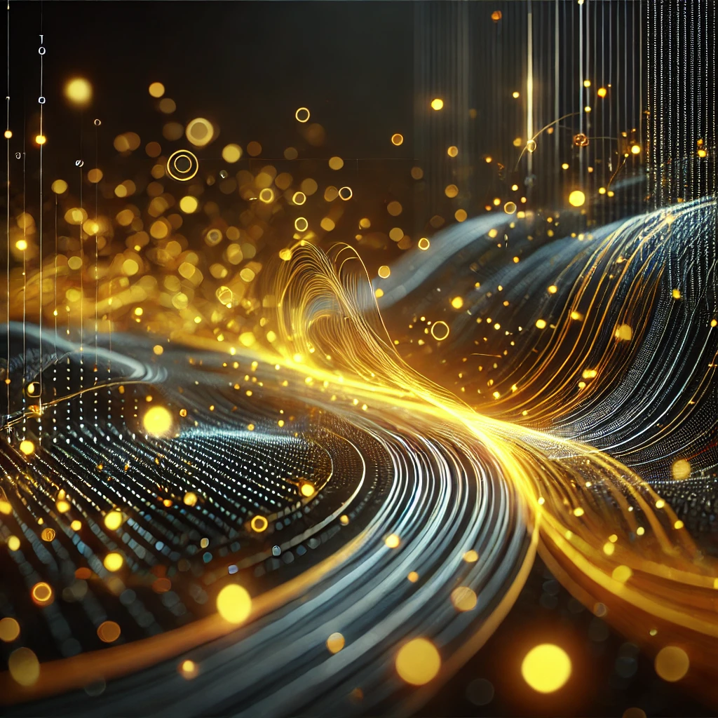 DALL·E 2024 11 28 22 42 03 A futuristic and abstract image resembling a digital data flow featuring vibrant yellow light trails and glowing dots on a dark black background  The