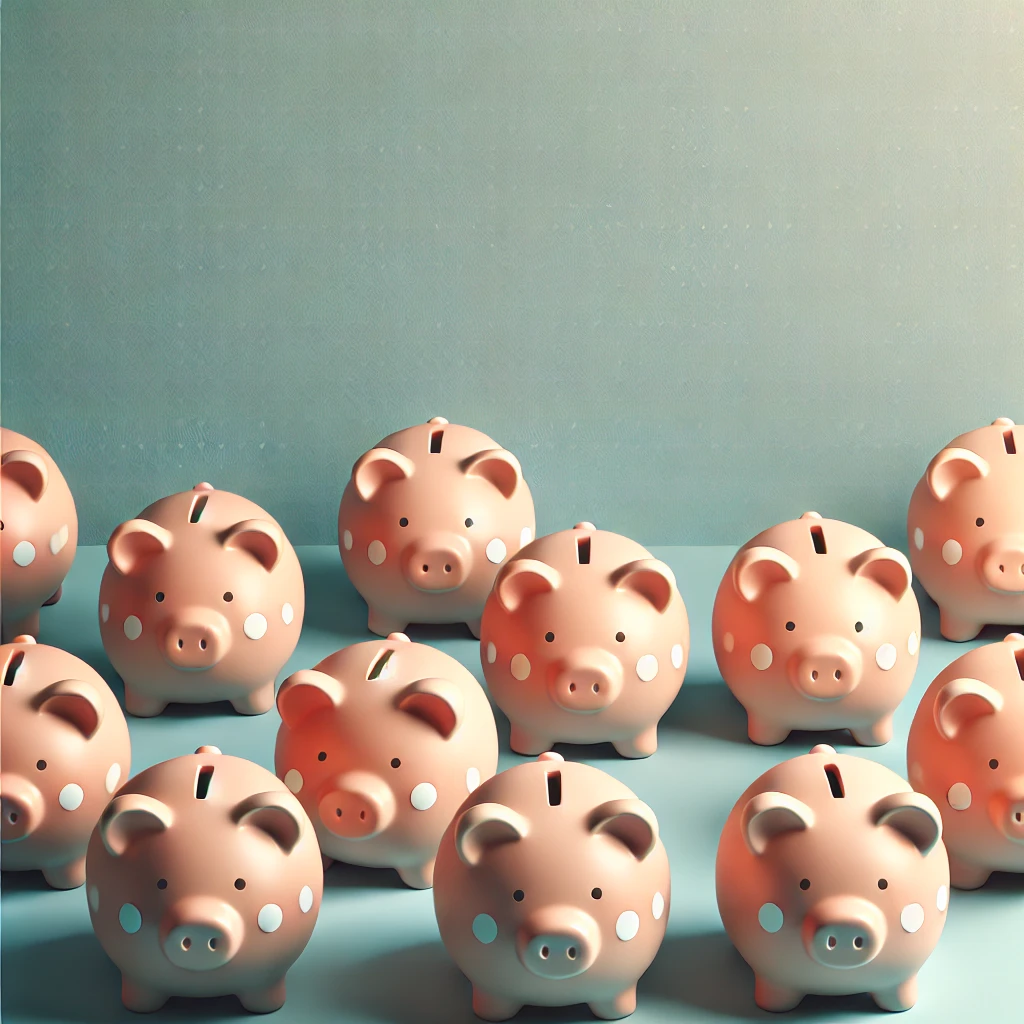 DALL·E 2024 11 28 22 54 14 A realistic and artistic image featuring a collection of piggy banks arranged in a grid pattern on a soft pastel blue background  The piggy banks are 