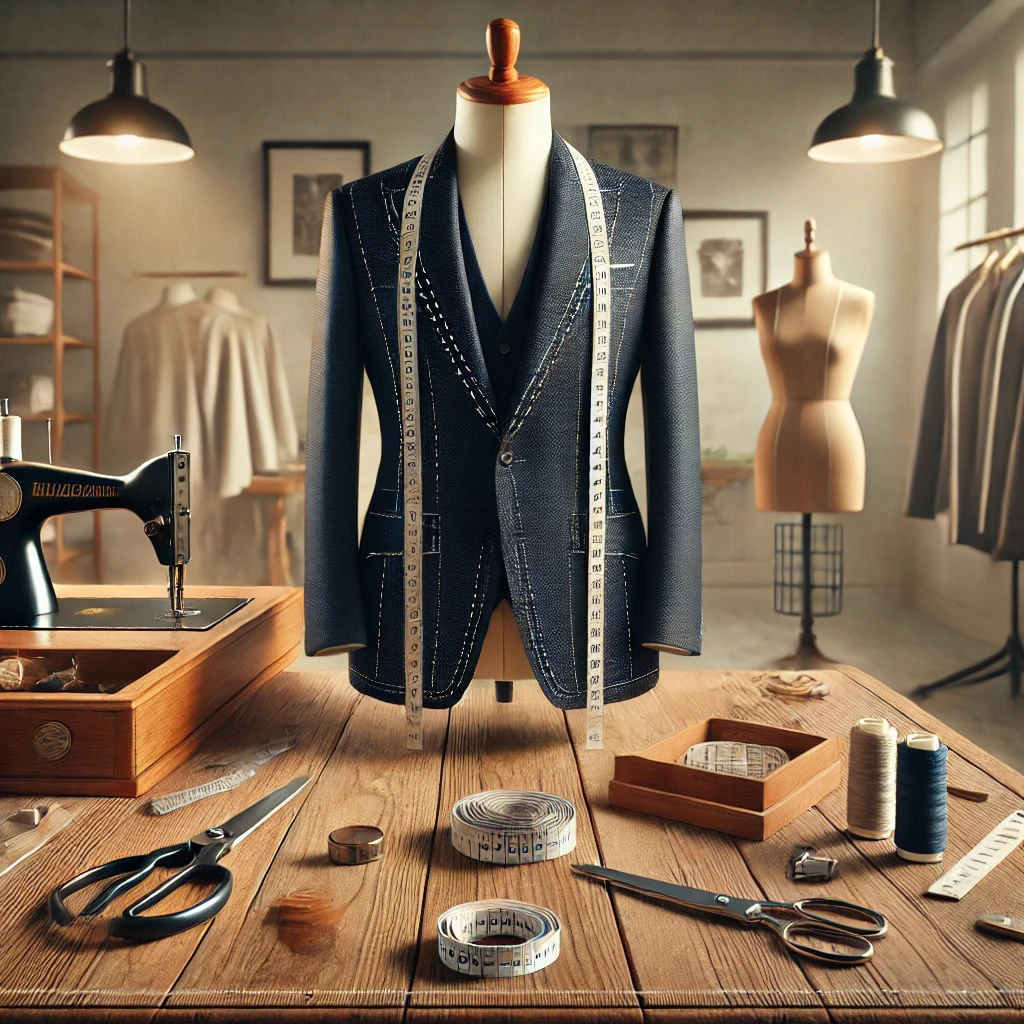DALL·E 2024 11 28 23 02 01 A realistic image featuring a professional tailoring scene symbolizing customization  At the center is a tailored navy blue suit on a dress form with