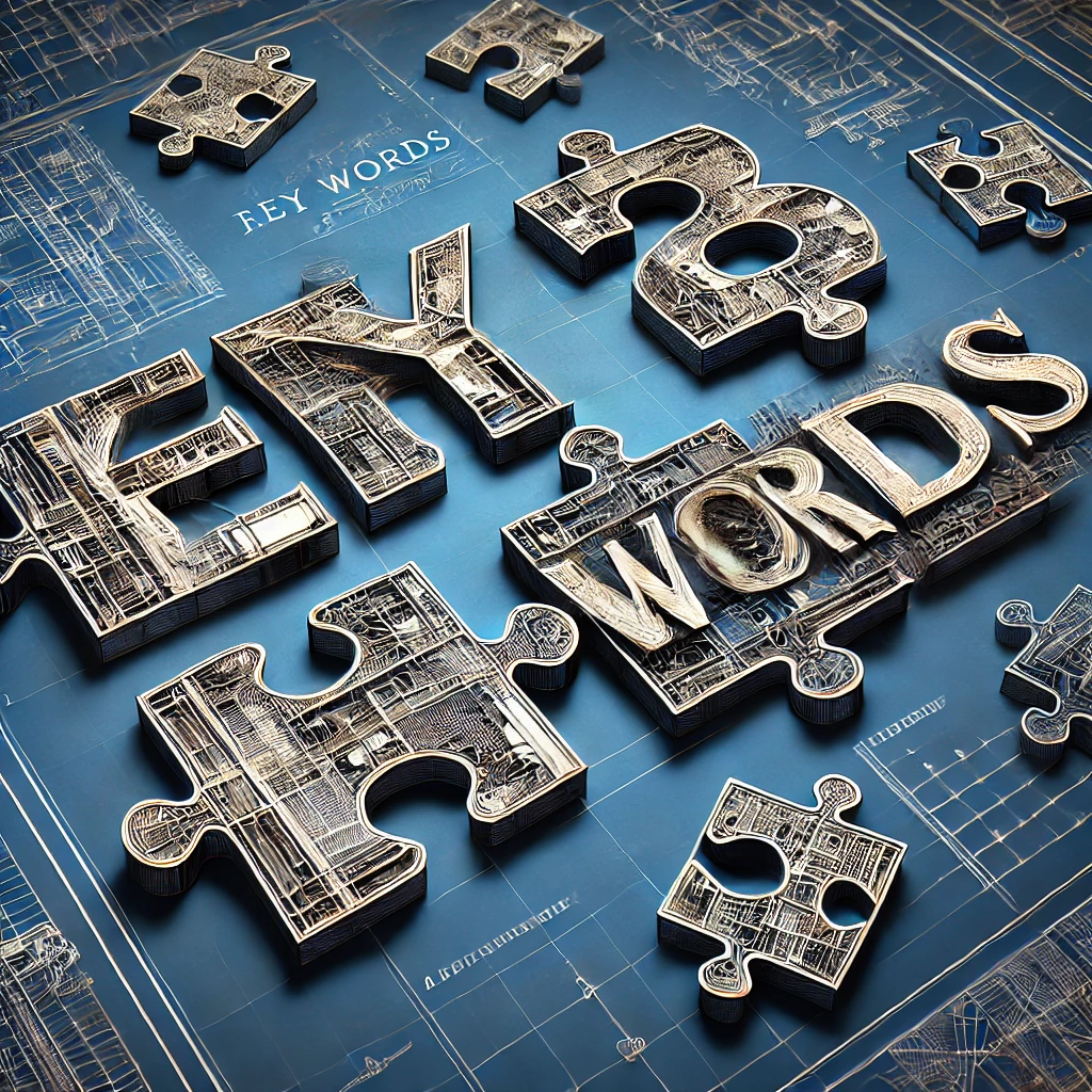 DALL·E 2024 11 29 11 35 58 A visually striking illustration combining engineering blueprint aesthetics with a puzzle design focused on the words Key words  Each letter is des