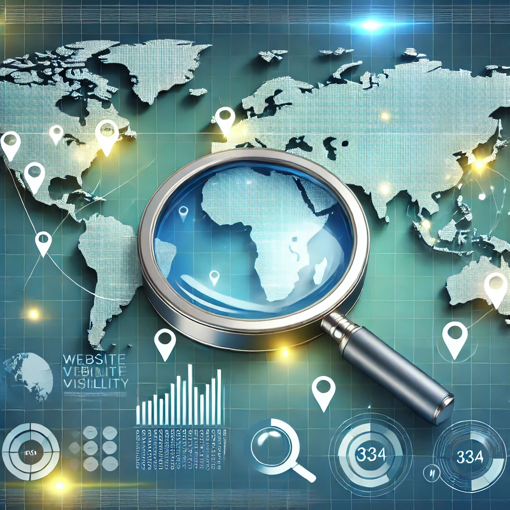 DALL·E 2024 11 29 12 08 07 A professional and clean illustration of a world map with a magnifying glass focusing on multiple marked locations symbolizing website visibility and