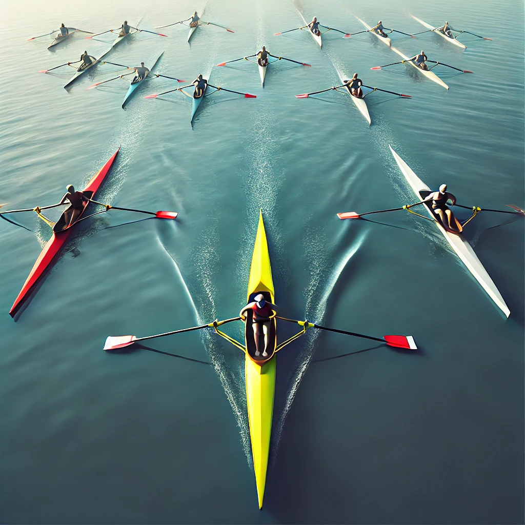 DALL·E 2024 11 29 12 33 36 A conceptual and realistic image of a rowing competition viewed from above  The scene features several rowboats on a calm blue green water surface ar