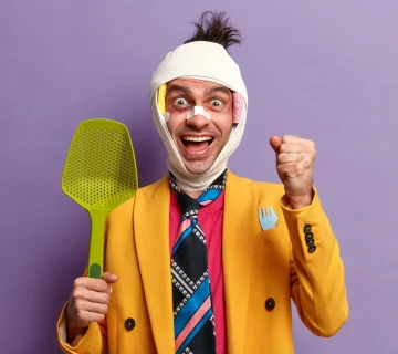 Laughing man with bandaged head holding green tool 2026 03 17 02 45 23 utc 360x320